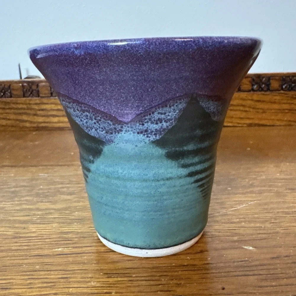 Studio Pottery Vase or Planter Purple Teal Glaze Handmade Ceramic 4.25